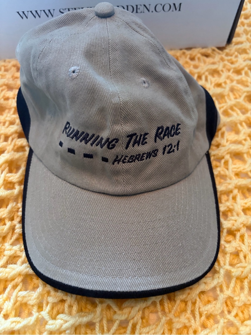 Running The Race Embroidered Baseball Cap - Khaki with Black Trim